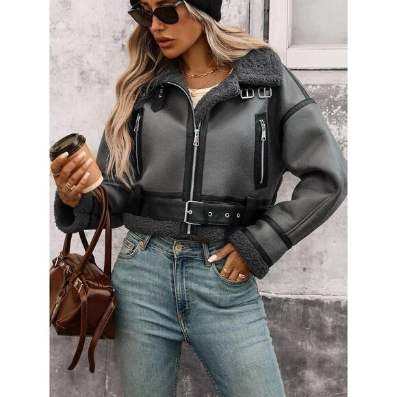 Women Faux Lamb Fur Leather Short Jacket Lapel Zipper Bomber Aviator Coat Grey - Picture 4 of 9